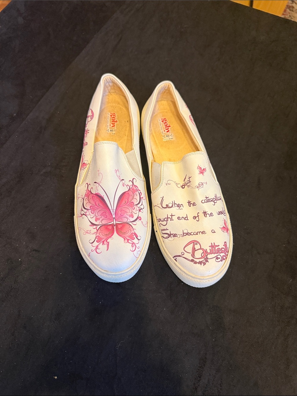 White Slip-On Sneakers with Pink Butterfly Graphic